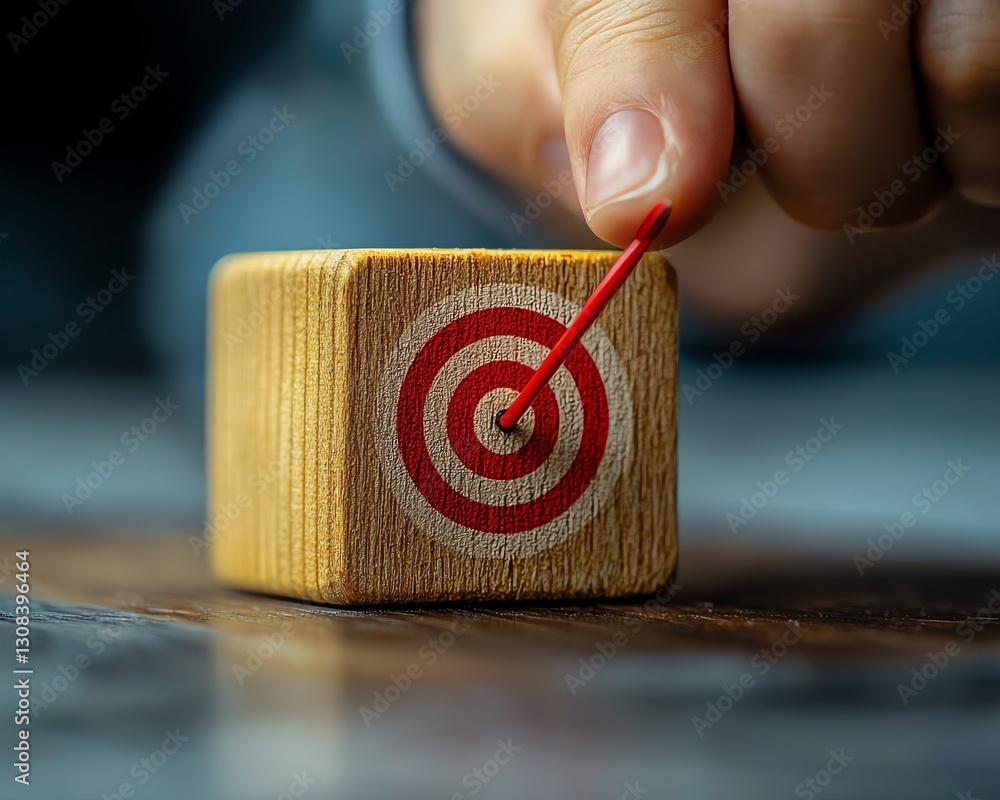 Poster closeup of a person aiming at a wooden block with red dartboard icon, representing business growth t