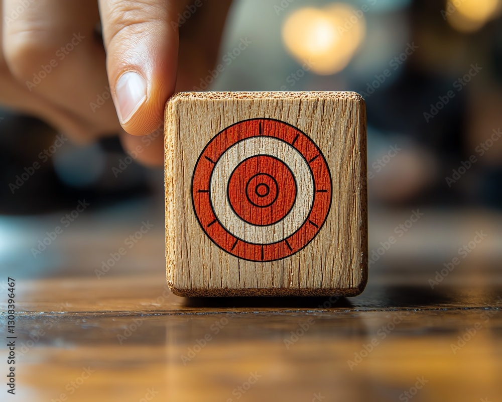 Poster closeup of a person aiming at a wooden block with red dartboard icon, representing business growth t