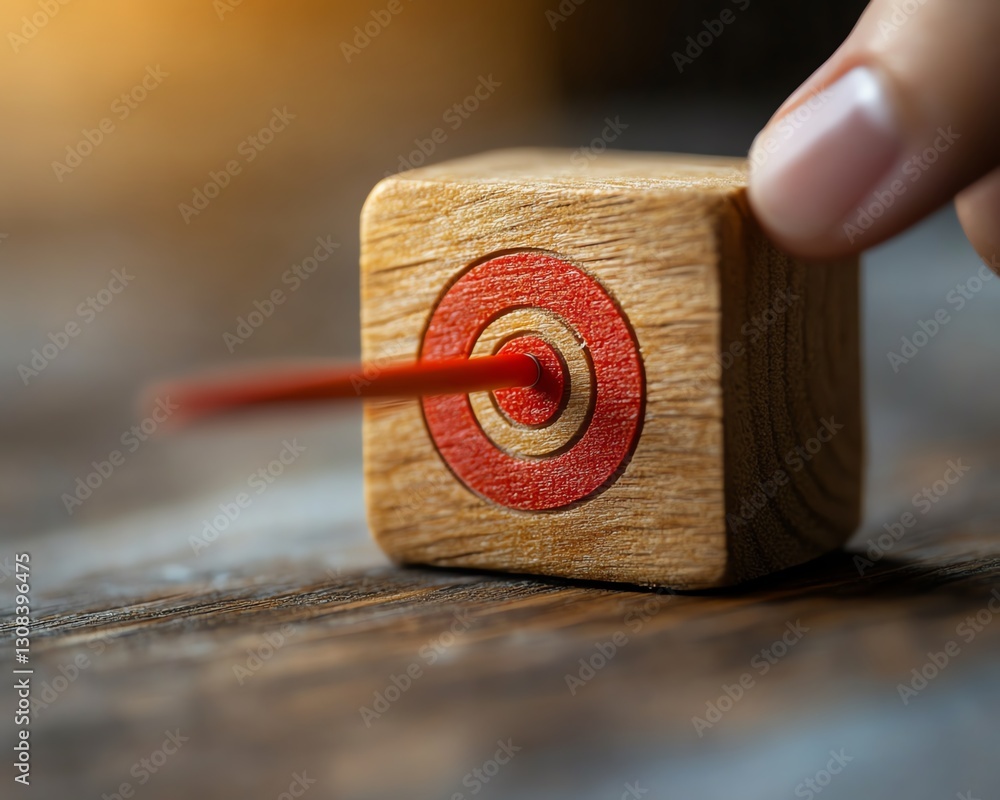 Aufkleber closeup of a person aiming at a wooden block with red dartboard icon, representing business growth t