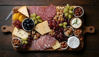 Delicious Cheese and Meat Charcuterie Board with Fruits and Nuts Arrangement