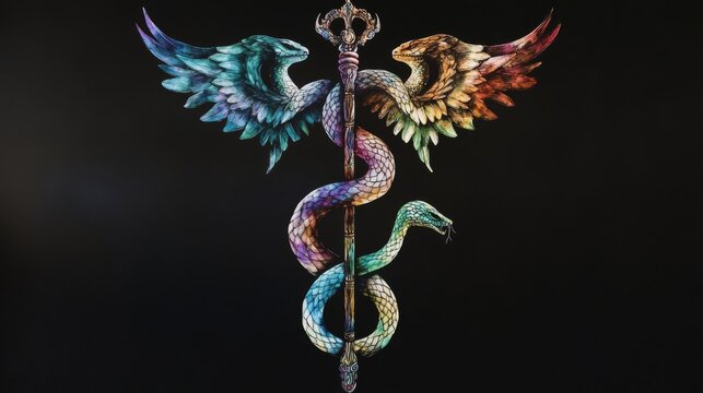 create an imagine that depicts The caduceus is thought to have originated from the symbol of Heka, the Egyptian god of medicine and magic, who is said to have entwined two serpents on a staff, in the 