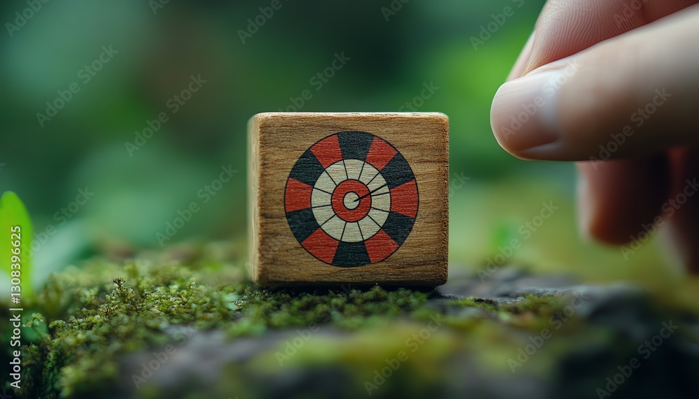 Poster Concept of business growth, individual highlighting wooden block with a red dartboard icon to symbolize the strategic setting of goals and target achievement