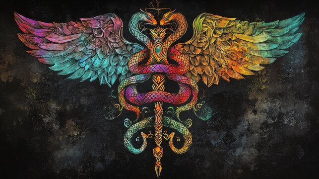 create an imagine that depicts The caduceus is thought to have originated from the symbol of Heka, the Egyptian god of medicine and magic, who is said to have entwined two serpents on a staff, in the 