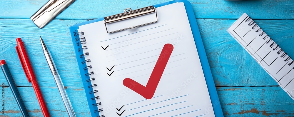 Poster document review and quality control concept with checkmark symbolizing auditing, compliance, and pro