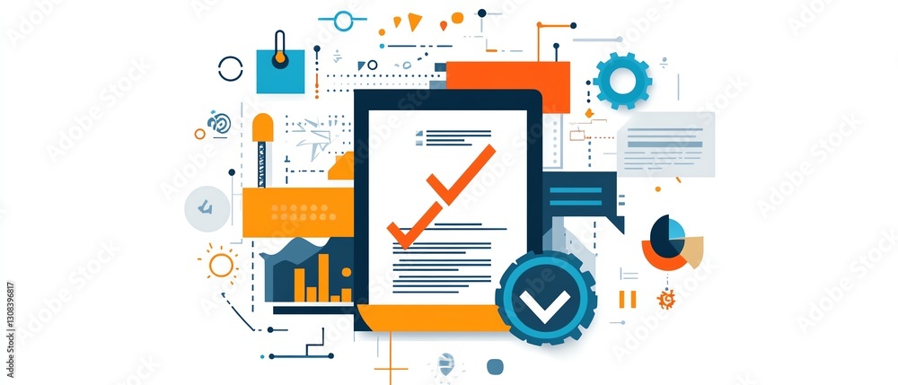 Poster document with a checkmark, emphasizing quality control, auditing, and compliance in document review,