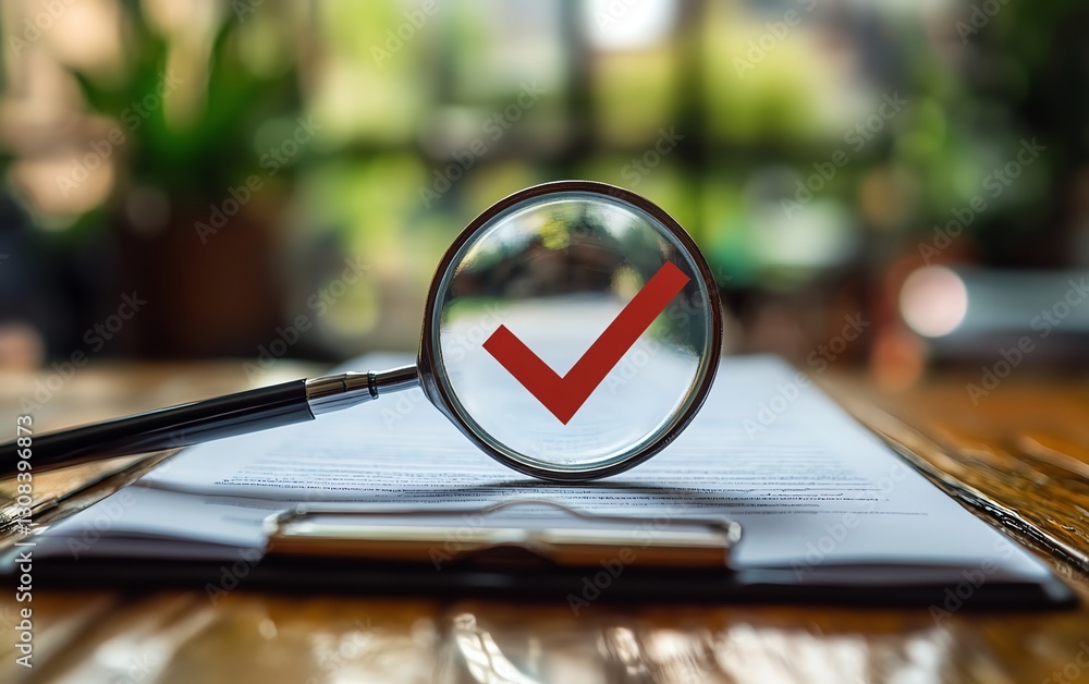 Poster Document with a checkmark symbolizing quality control, auditing, and compliance, highlighting the document review process and quality assurance