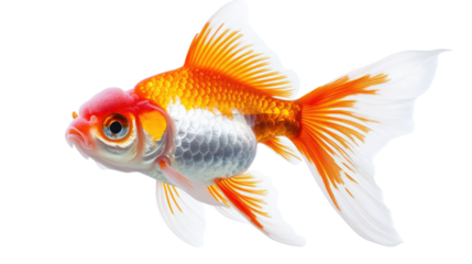 A gold and white fish with a red head swimming in a tank