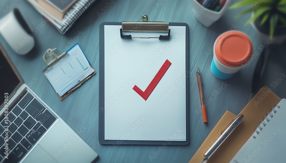 Poster Document with checkmark for quality control, focusing on auditing and compliance in document review and process management in a business setting