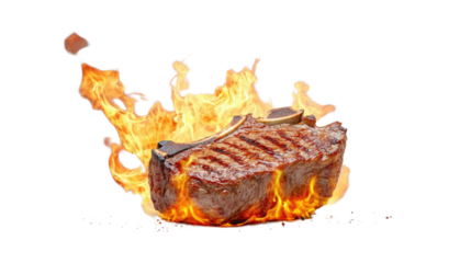 A piece of meat is on a grill and is surrounded by flames