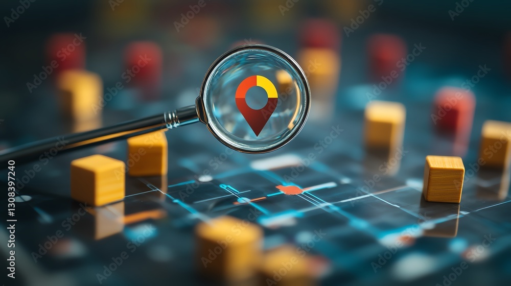 Poster quality management concept with a magnifying glass zooming in on a target icon, blocks, and check ma