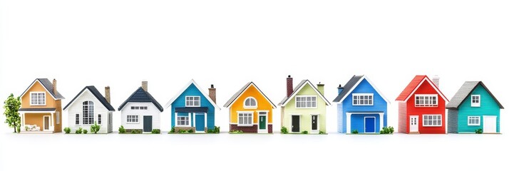 Colorful Suburban Homes Row - A row of colorful houses on a white background, ideal for real estate, homeownership, and community concepts