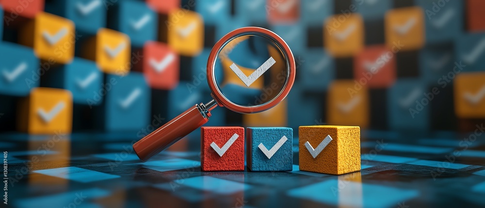 Poster Strategy planning and quality management concept, magnifying glass highlighting a target icon and blocks with check marks, emphasizing business goals and processes