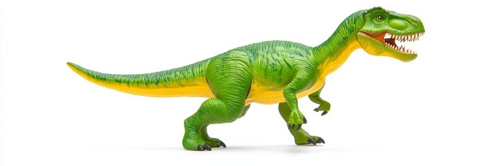Obraz premium Green and Yellow Toy Tyrannosaurus Rex Dinosaur - A vibrant green and yellow toy Tyrannosaurus Rex, symbolizing prehistoric power, child's play, imagination, jurassic adventure, and collectible fun