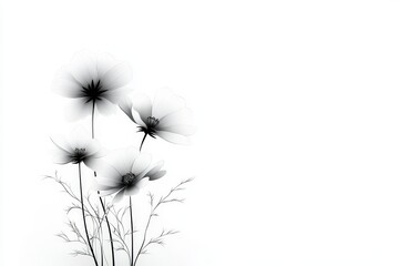 Elegant Monochrome Cosmos Flowers - Four grayscale cosmos flowers on white background, minimalist floral design, delicate petals, simple elegant