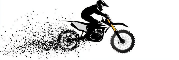 Naklejka premium Motocross Rider in Motion: A Silhouette Study - Dynamic motocross action, speed, power, freedom, and adrenaline symbolized in a striking silhouette against a white background