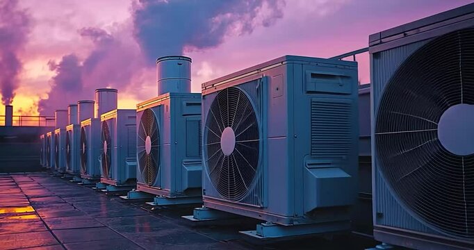 Rooftop HVAC units at sunset