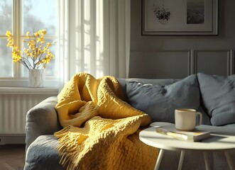 Cozy living room interior with a grey sofa, yellow blanket, and a white table against a window on a wall. This is a mock-up stock photo, the contest winner, in high definition, 20,000 pixels.