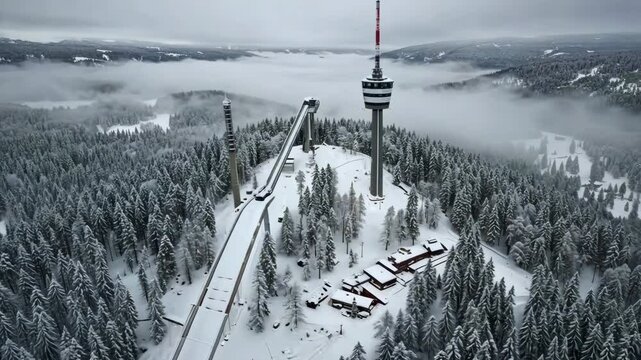 Aerial view of ski jump tower in snowy forest