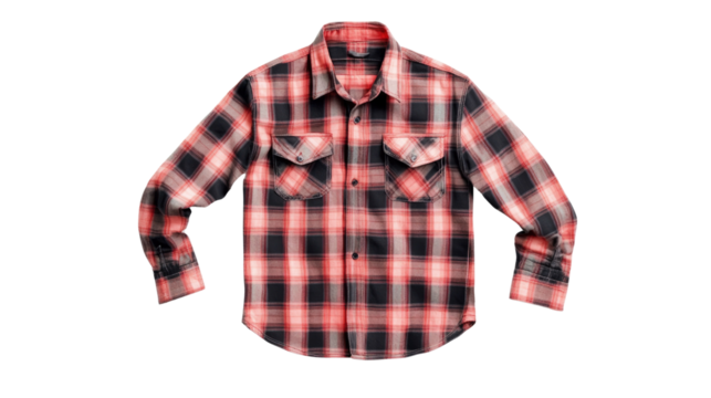 A red and black plaid shirt with a white collar