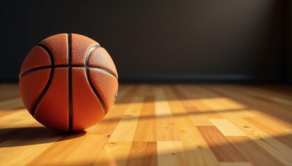 Hardwood maple basketball on wooden floor background, court, sporting goods, grain