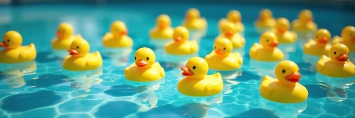 Hundreds of yellow rubber ducks bobbing in a clear blue pool, plastic, flock, toys
