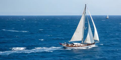 Fototapeta premium Sailboat Sailing Across Deep Blue Ocean with Billowing White Sails. Perfect for: Summer, Ocean