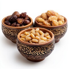 Fototapeta premium Three Wooden Bowls Of Candied Fruit And Nuts On White Background