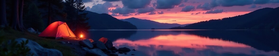 Fototapeta premium Lakeside camping scene at dusk; tent, lantern, stars , dusk, lake