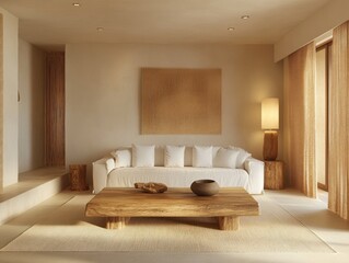 Minimalist, Beige, Modern Living Room with Natural Wood Accent.