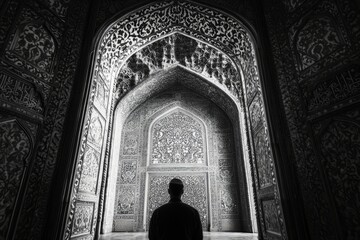 A man gazes at the mosqueâ€™s mihrab, lost in thought as he seeks clarity through prayer. The intricate details of the architecture frame his moment of devotion