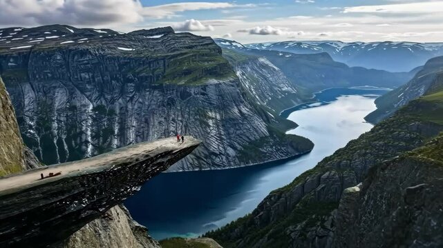 Person on Trolltunga cliff overlooking fjord and mountains