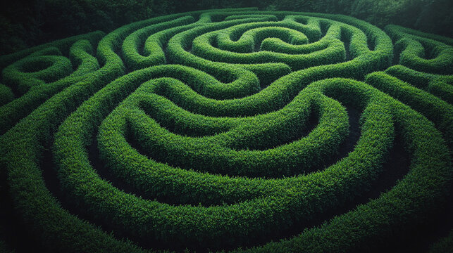 Aerial view of a green bush labyrinth or maze in a park or garden, symbolizing a journey of decision, searching, and finding a way or path to exit, representing challenge and planning