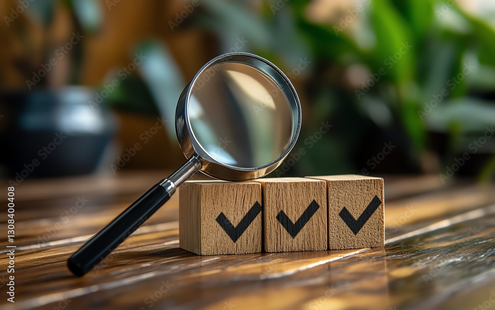 Poster Business goal setting and quality management process, magnifying glass focusing on blocks with check marks, highlighting the importance of strategy planning in business