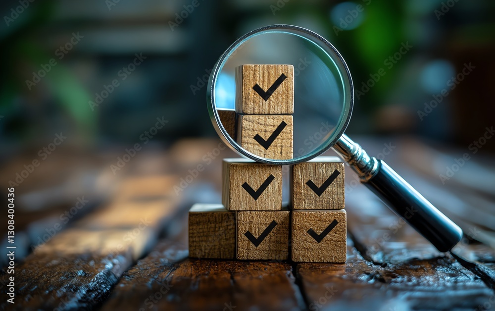 Poster business goal setting and quality management process, magnifying glass focusing on blocks with check