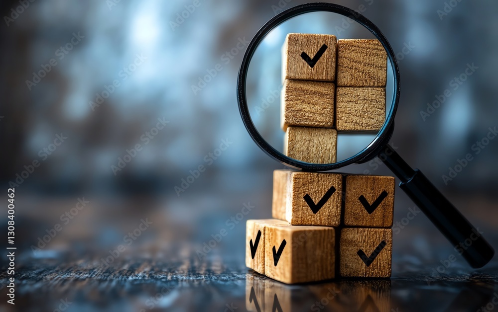 Poster Business goal setting and quality management process, magnifying glass focusing on blocks with check marks, highlighting the importance of strategy planning in business