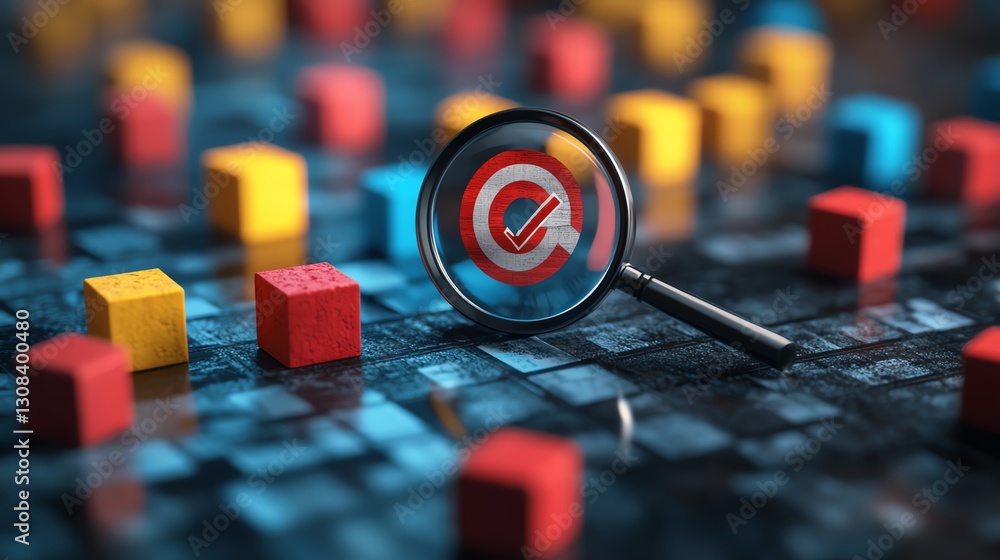Aufkleber Business quality management and strategy planning concept with a magnifying glass examining a target icon, blocks, and check marks symbolizing progress and goal setting