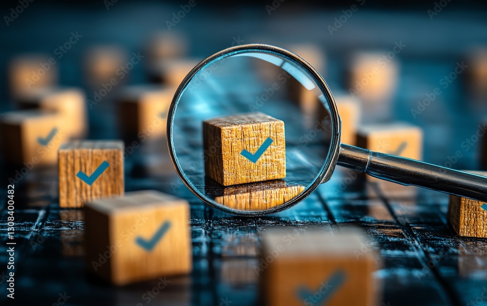 Poster Business goal setting and quality management process, magnifying glass focusing on blocks with check marks, highlighting the importance of strategy planning in business