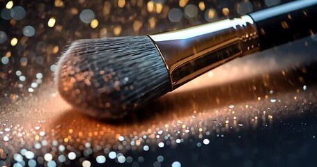 Makeup brush, golden powder, bokeh effect, studio shot, close-up - Powered by Adobe