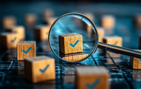Business goal setting and quality management process, magnifying glass focusing on blocks with check marks, highlighting the importance of strategy planning in business