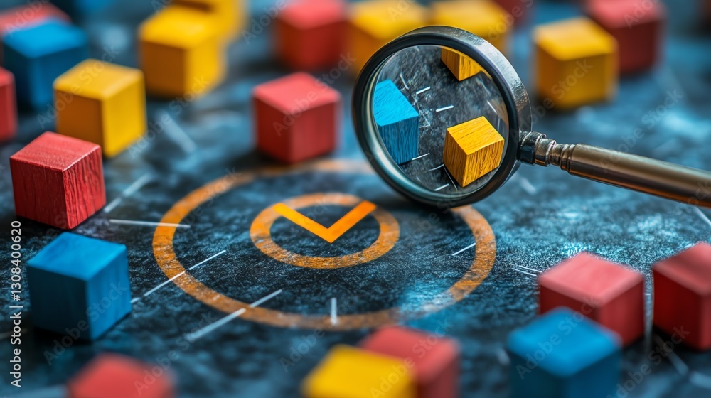 Poster business quality management and strategy planning concept with a magnifying glass examining a target