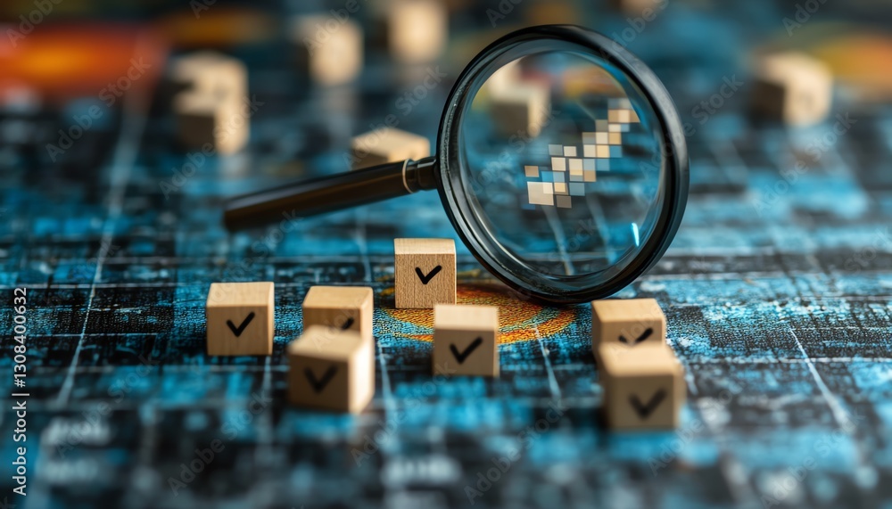 Poster Business strategy and quality management concept, magnifying glass emphasizing a target icon with blocks and check marks, showcasing goal setting and decisionmaking