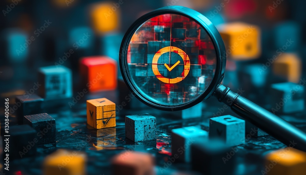 Poster Business strategy and quality management concept, magnifying glass emphasizing a target icon with blocks and check marks, showcasing goal setting and decisionmaking