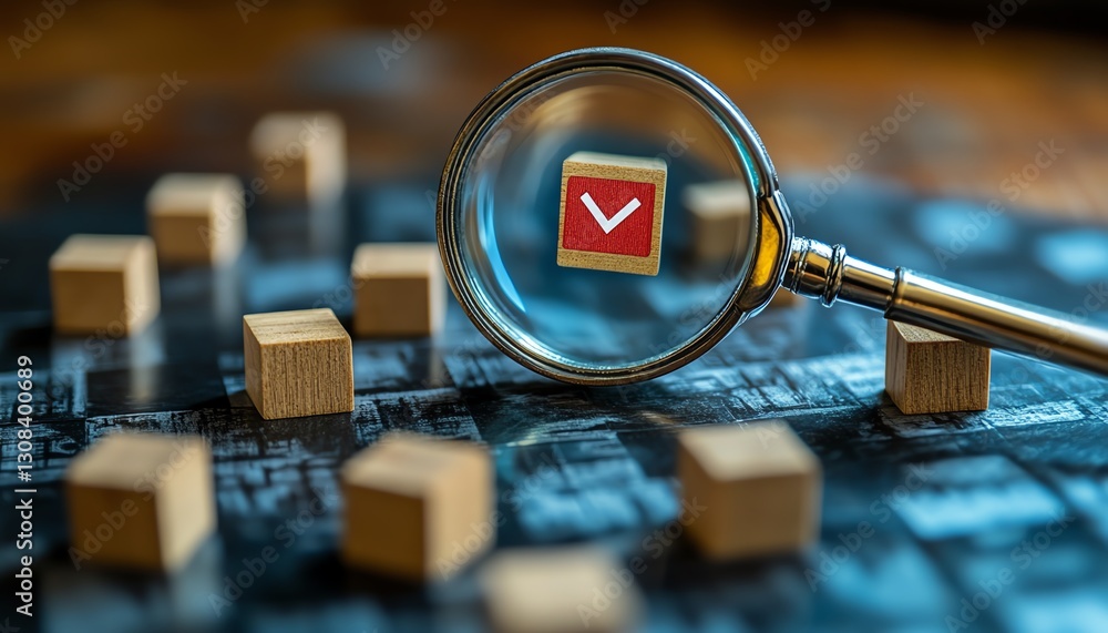 Poster Business strategy and quality management concept, magnifying glass emphasizing a target icon with blocks and check marks, showcasing goal setting and decisionmaking