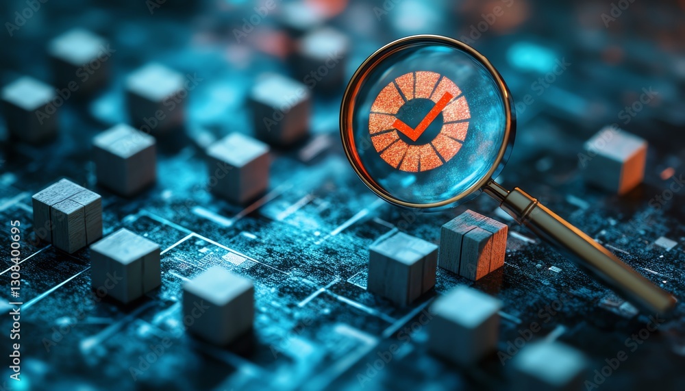 Aufkleber business strategy and quality management concept, magnifying glass emphasizing a target icon with bl