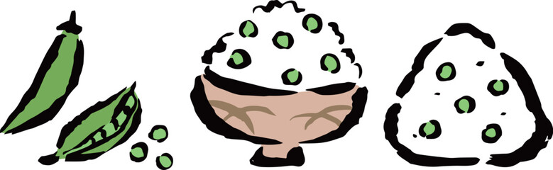 豆ごはんとおにぎり　筆タッチ手描きイラストセット