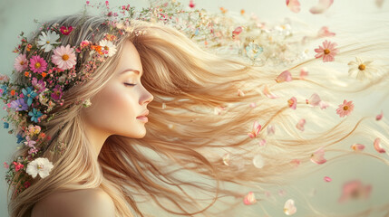 Kobieta blond włosy, z kwiatami we włosach, wiosenne tło dla projektu generative ai 