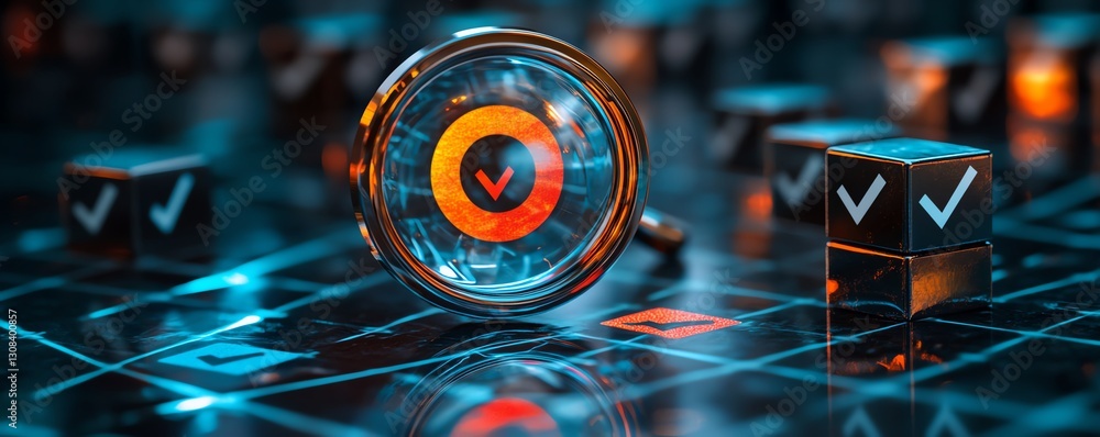 Poster Business strategy planning concept with a magnifying glass focusing on a target icon and blocks with check marks, symbolizing goal setting and quality management processes