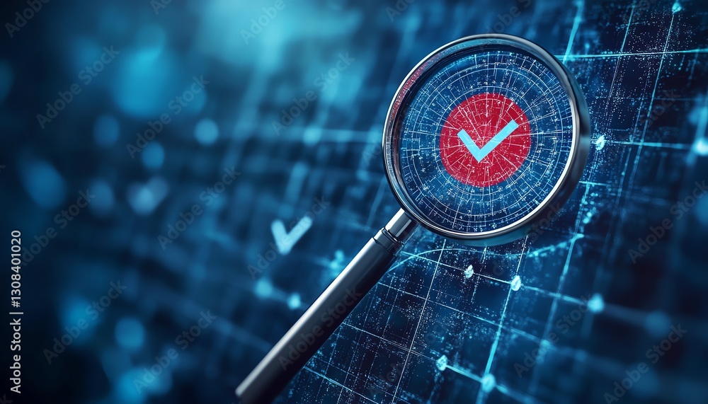 Poster Business strategy planning concept with a magnifying glass focusing on a target icon and blocks with check marks, symbolizing goal setting and quality management processes
