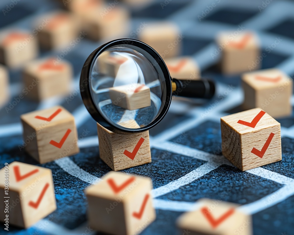 Poster business strategy planning and quality management concept, magnifying glass zooming in on a target i