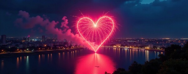 Heart-shaped fireworks burst over illuminated cityscape at night, romance, golden